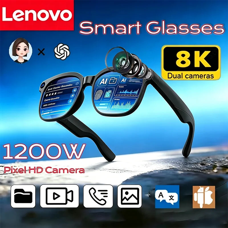 Lunettes intelligentes Lenovo 8K avec caméra IA, contrôle tactile, enregistrement photo, traducteur, assistant vocal, musique, Bluetooth sans fil