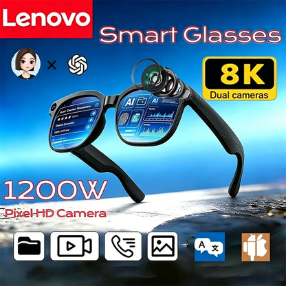 Lunettes intelligentes Lenovo 8K avec caméra IA, contrôle tactile, enregistrement photo, traducteur, assistant vocal, musique, Bluetooth sans fil